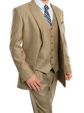 (38R) Stone Khaki 3 Piece Modern Fit Suit 2 Button V-Neck Vest