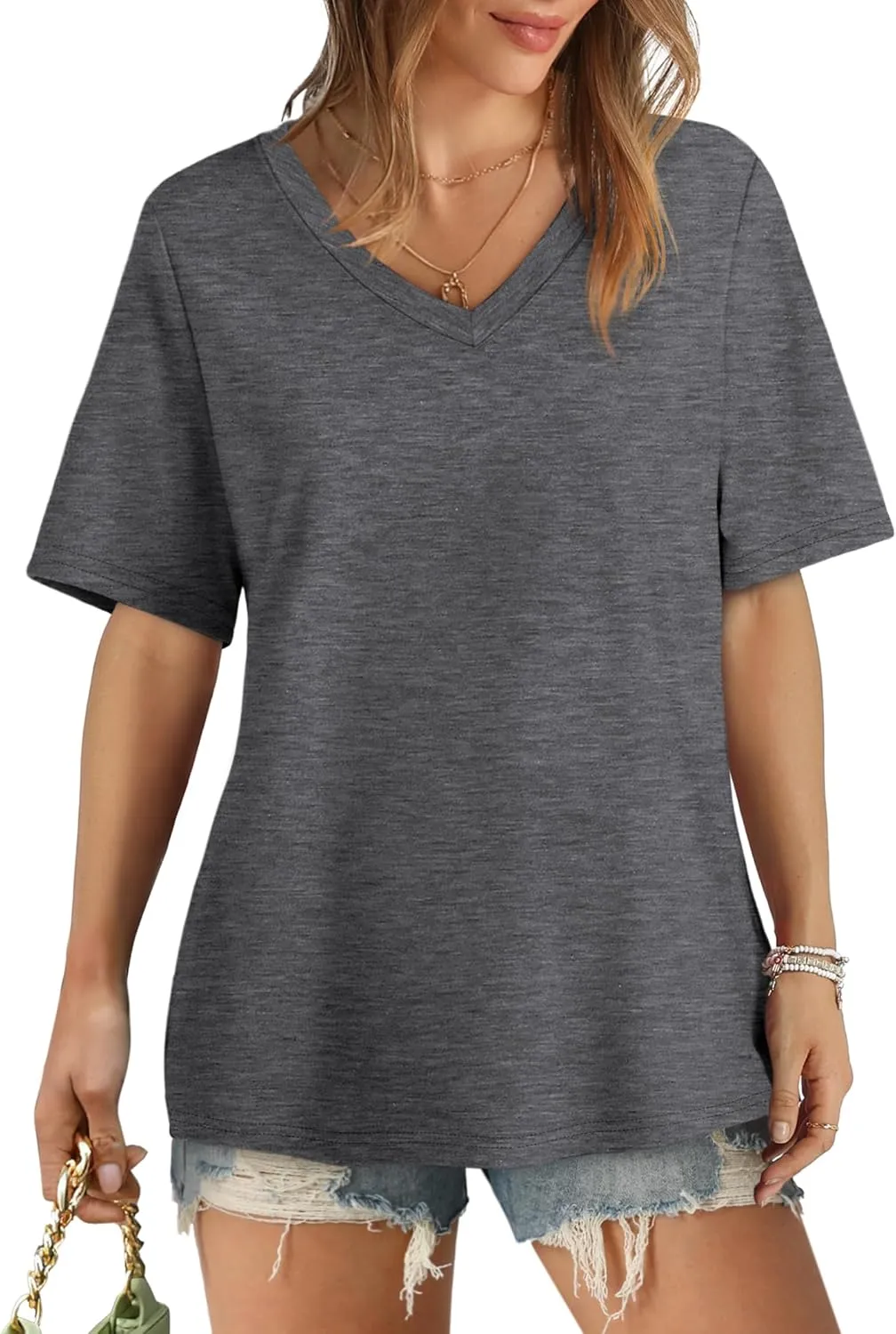 Aokosor Womens V Neck Short Sleeve T Shirts Summer Tops 2025 Casual Loose Tees Trending Now S-4XL