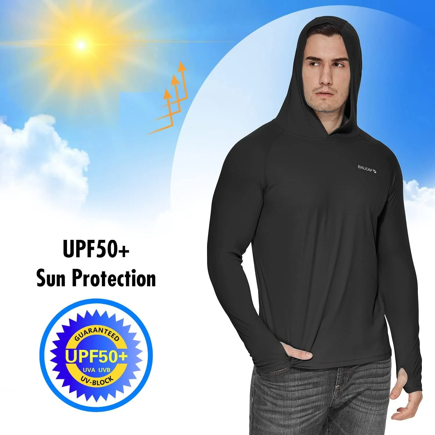 baleaf Men's Sun Protection Hoodie Shirt UPF 50  Long Sleeve UV SPF T-Shirts Rash Guard Fishing Swimming Lightweight