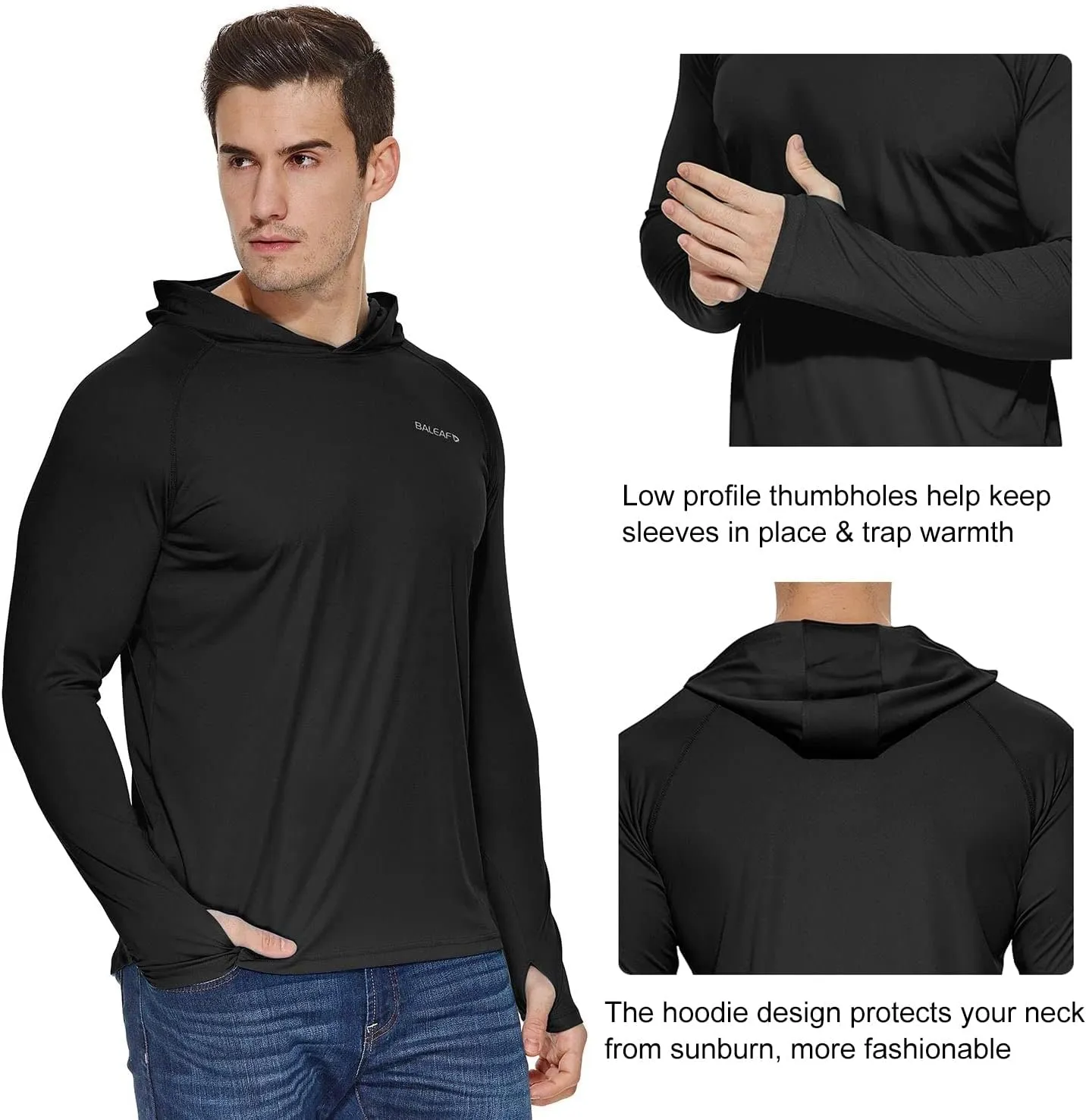 baleaf Men's Sun Protection Hoodie Shirt UPF 50  Long Sleeve UV SPF T-Shirts Rash Guard Fishing Swimming Lightweight