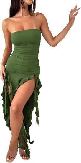 Balimtoy Women's Y2k Ruffle Dress Strapless Split Thigh Ruched Bodycon Midi Tube Dress Formal Summer Party Dress