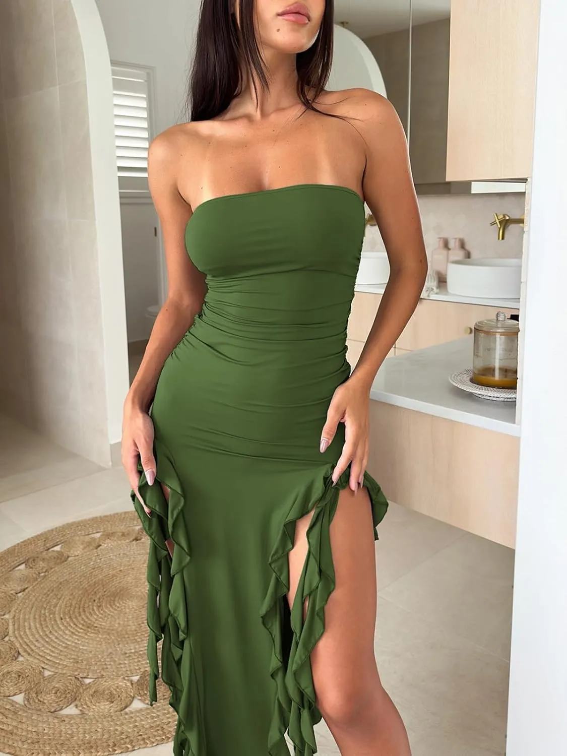 Balimtoy Women's Y2k Ruffle Dress Strapless Split Thigh Ruched Bodycon Midi Tube Dress Formal Summer Party Dress