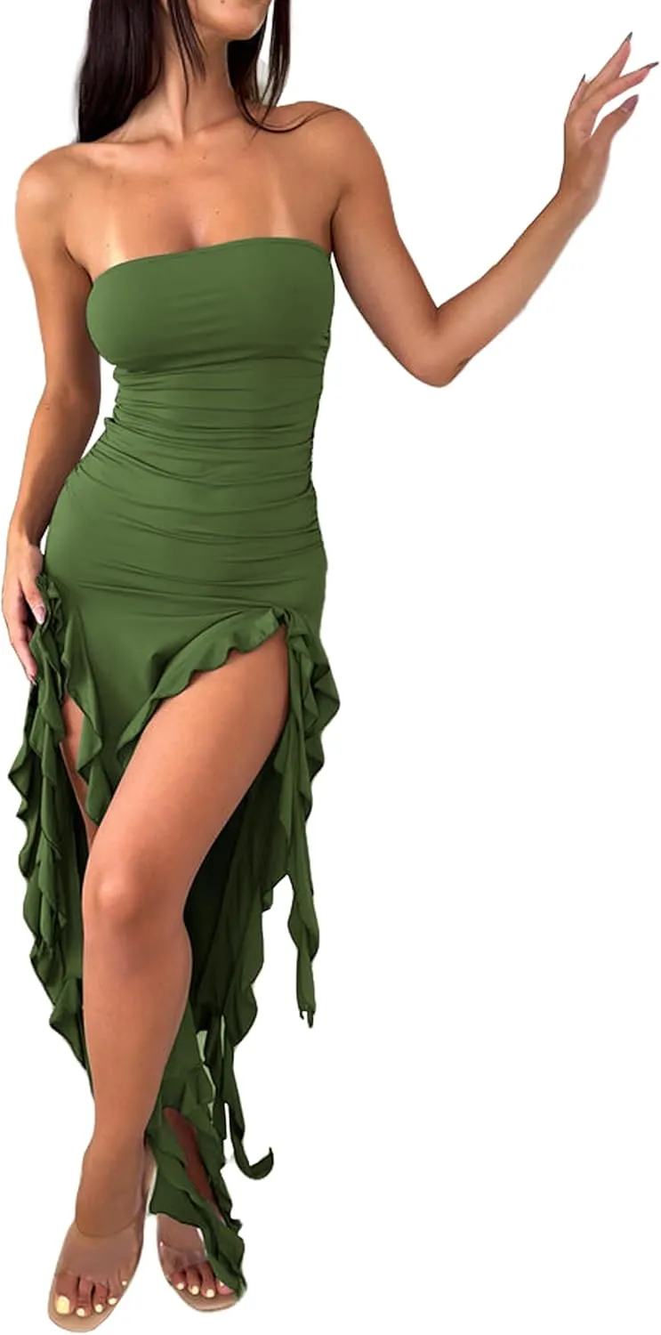Balimtoy Women's Y2k Ruffle Dress Strapless Split Thigh Ruched Bodycon Midi Tube Dress Formal Summer Party Dress
