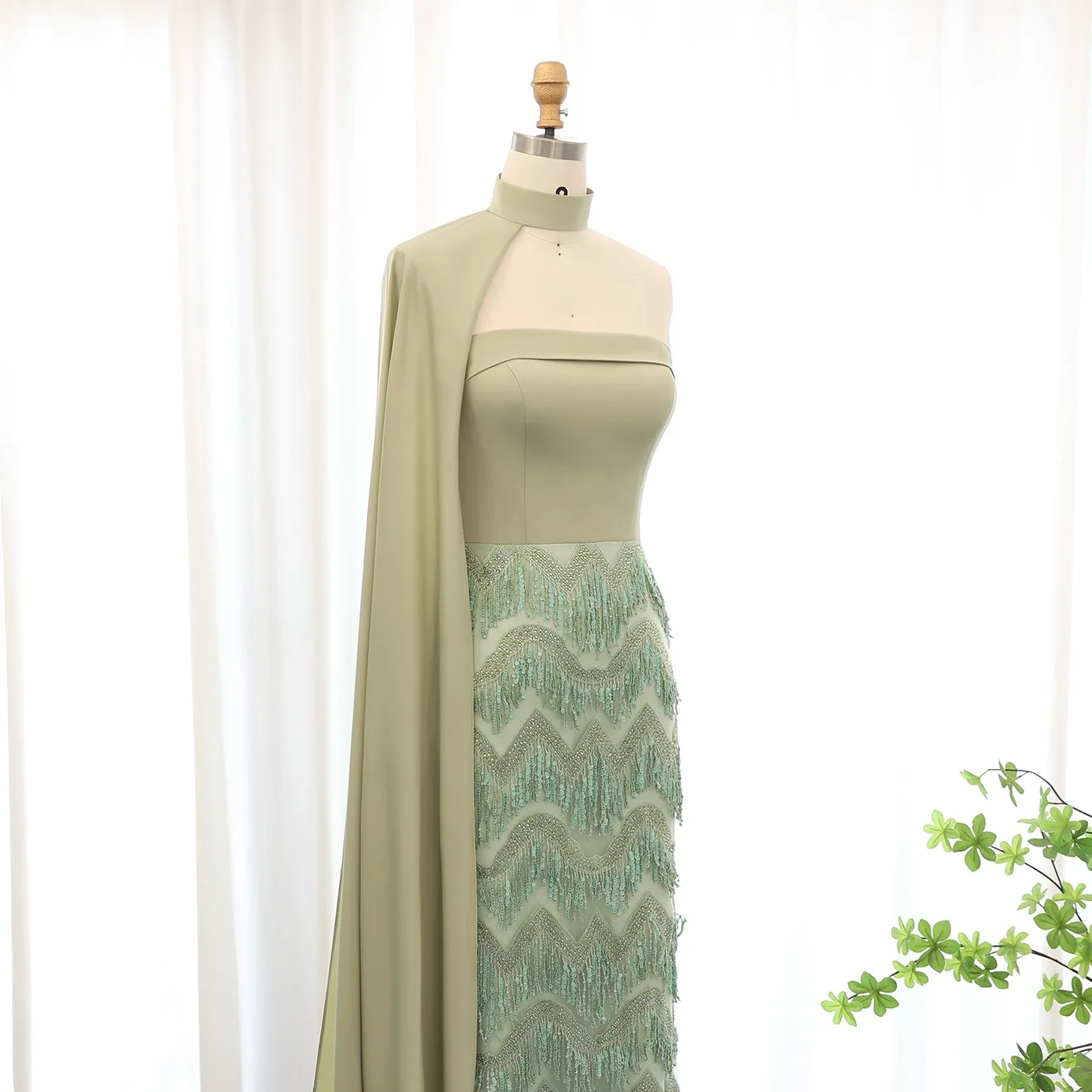 Blue Tassel Strapless Evening Dress with Cape Sleeve SS460