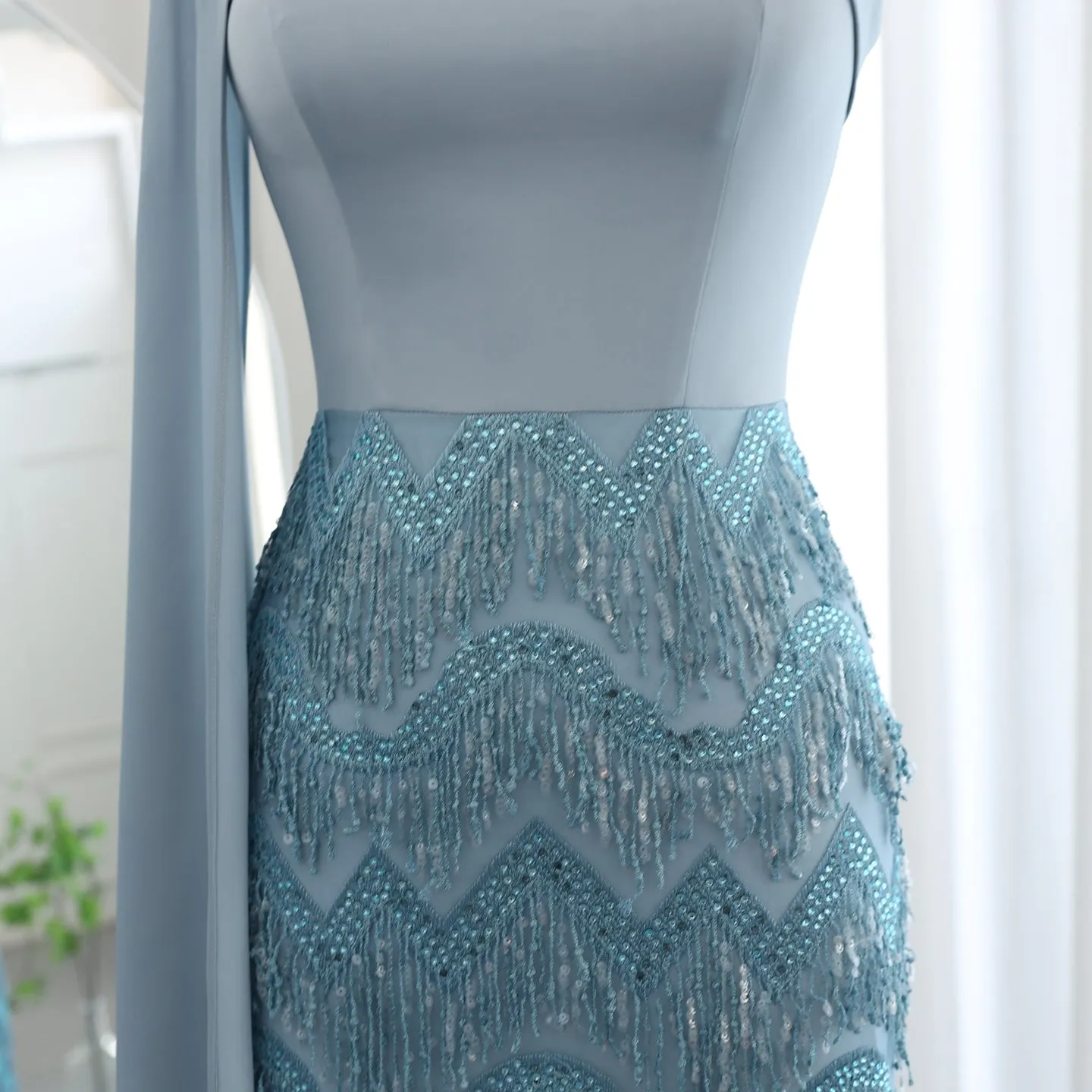Blue Tassel Strapless Evening Dress with Cape Sleeve SS460