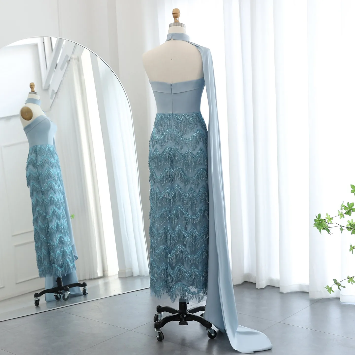 Blue Tassel Strapless Evening Dress with Cape Sleeve SS460
