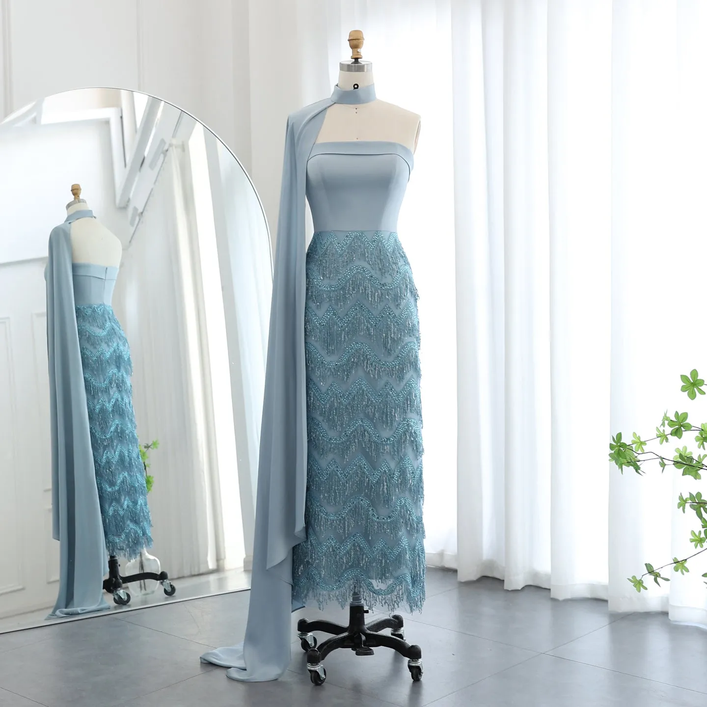 Blue Tassel Strapless Evening Dress with Cape Sleeve SS460