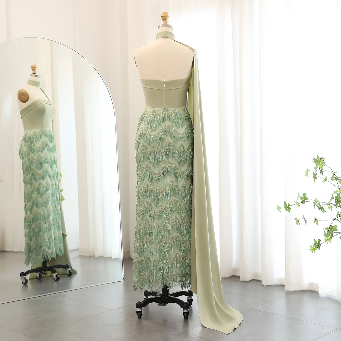 Blue Tassel Strapless Evening Dress with Cape Sleeve SS460