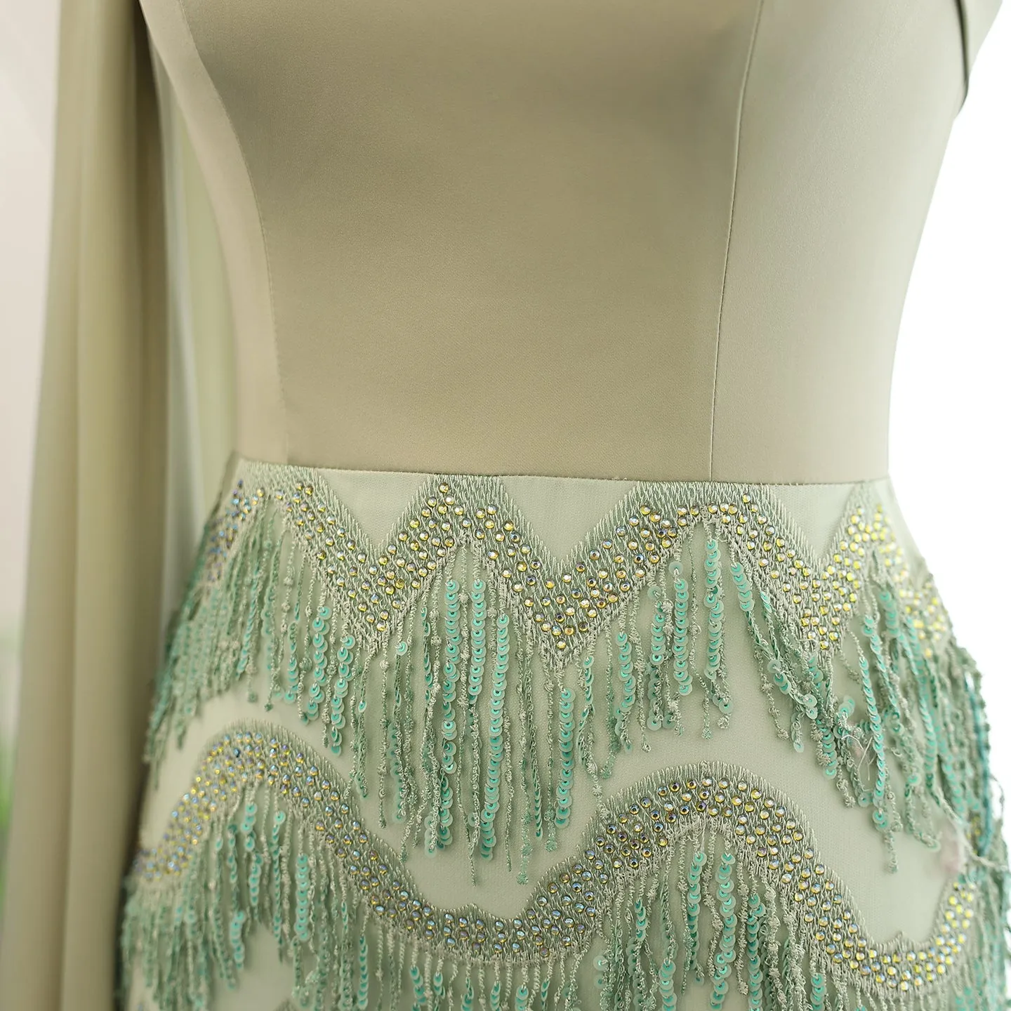 Blue Tassel Strapless Evening Dress with Cape Sleeve SS460