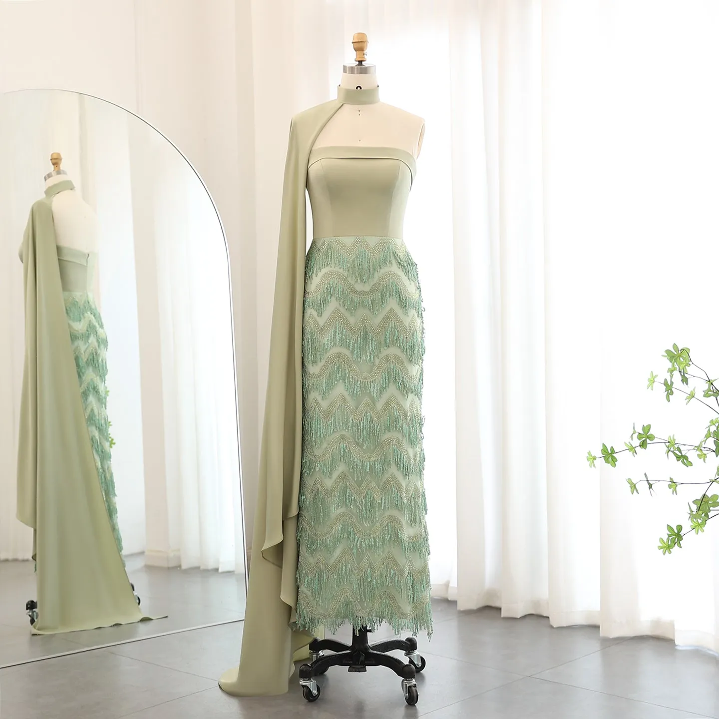 Blue Tassel Strapless Evening Dress with Cape Sleeve SS460