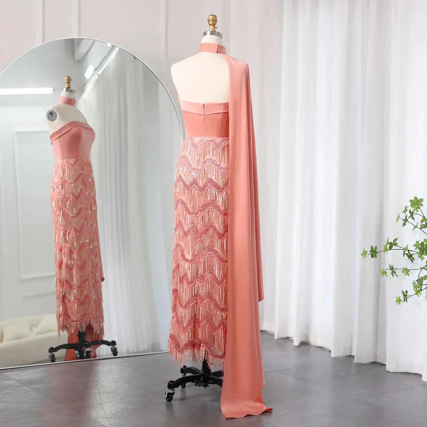 Blue Tassel Strapless Evening Dress with Cape Sleeve SS460