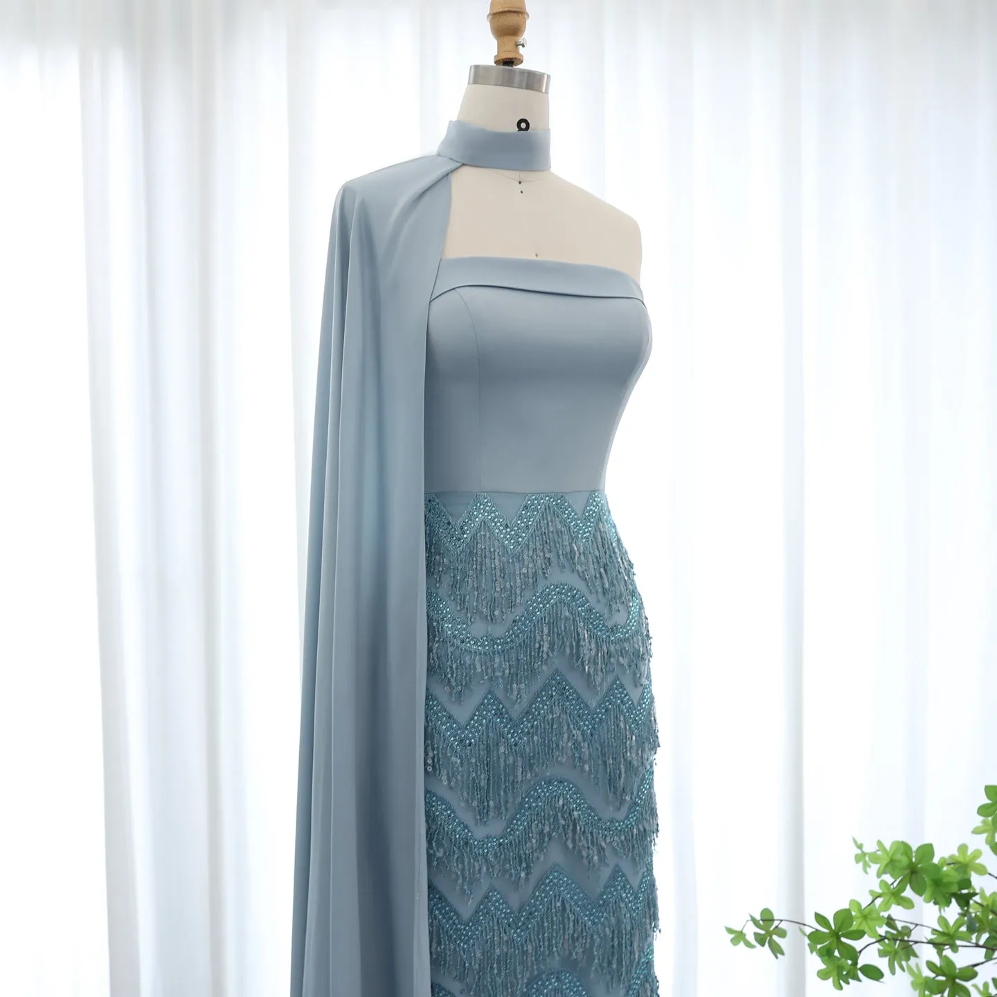 Blue Tassel Strapless Evening Dress with Cape Sleeve SS460