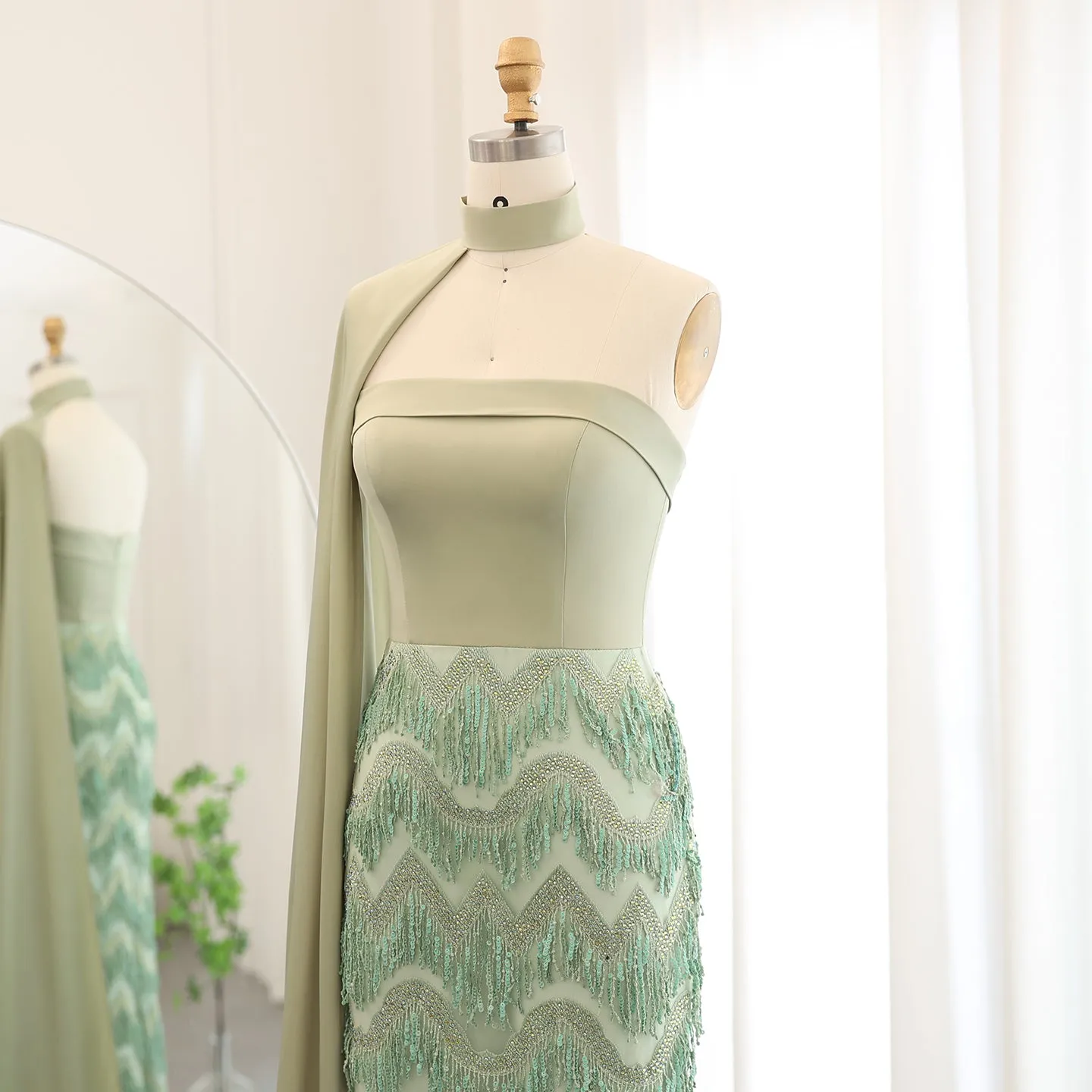 Blue Tassel Strapless Evening Dress with Cape Sleeve SS460
