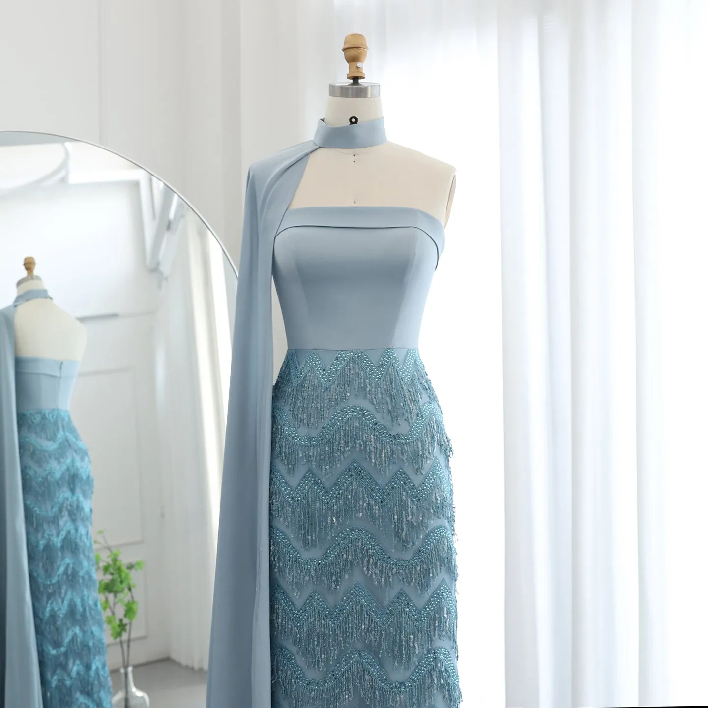 Blue Tassel Strapless Evening Dress with Cape Sleeve SS460