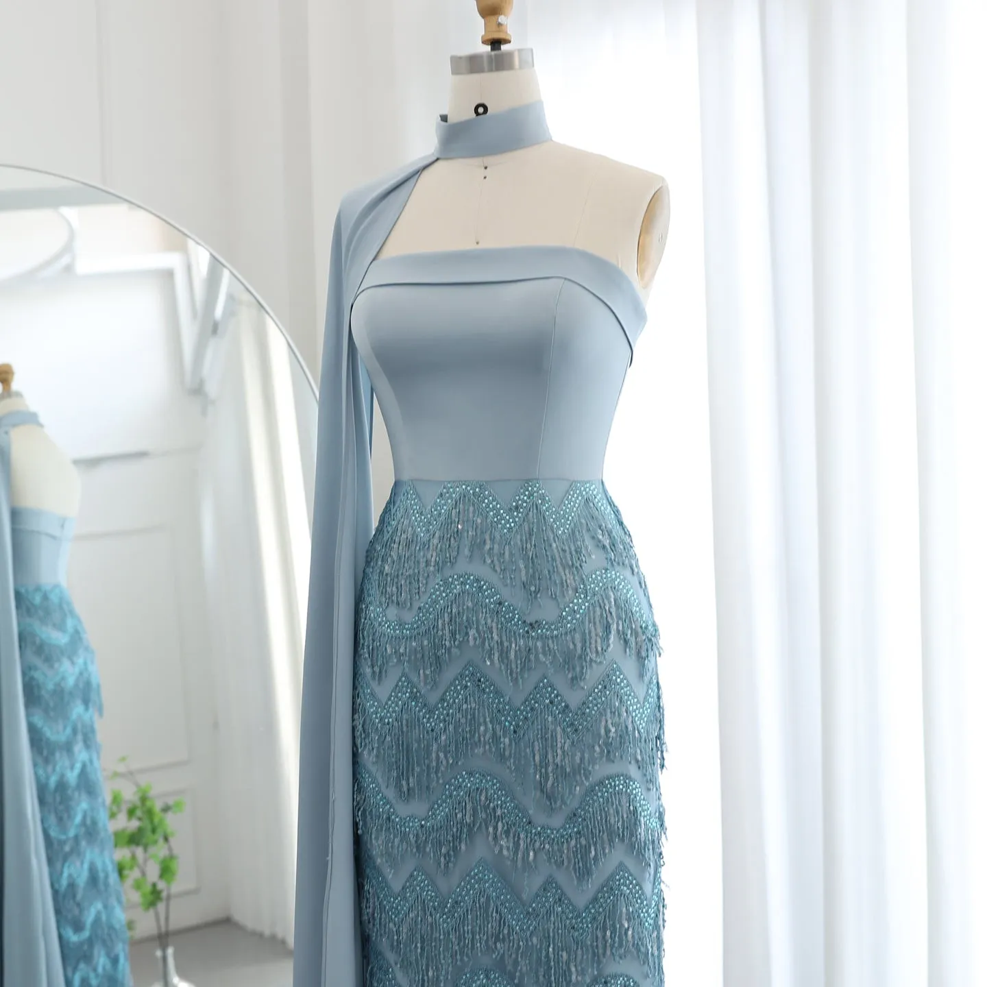 Blue Tassel Strapless Evening Dress with Cape Sleeve SS460