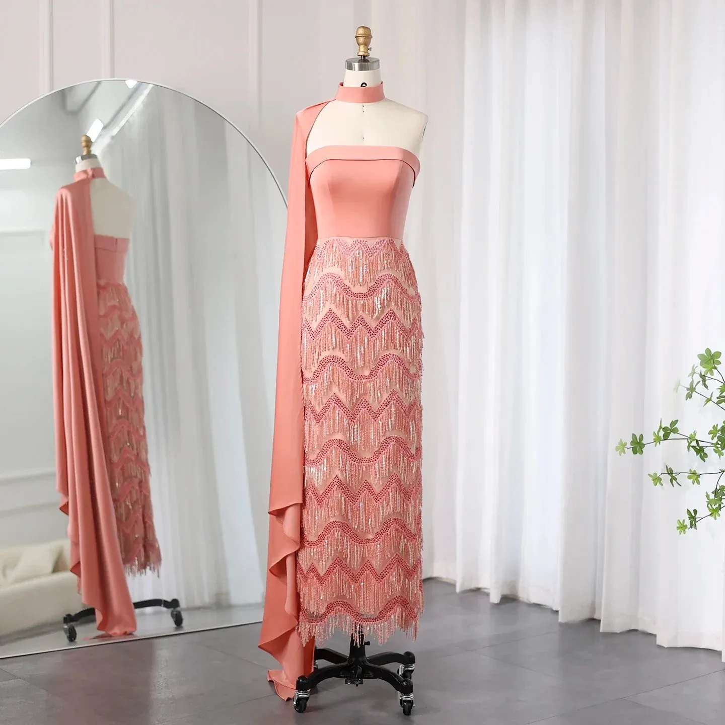 Blue Tassel Strapless Evening Dress with Cape Sleeve SS460