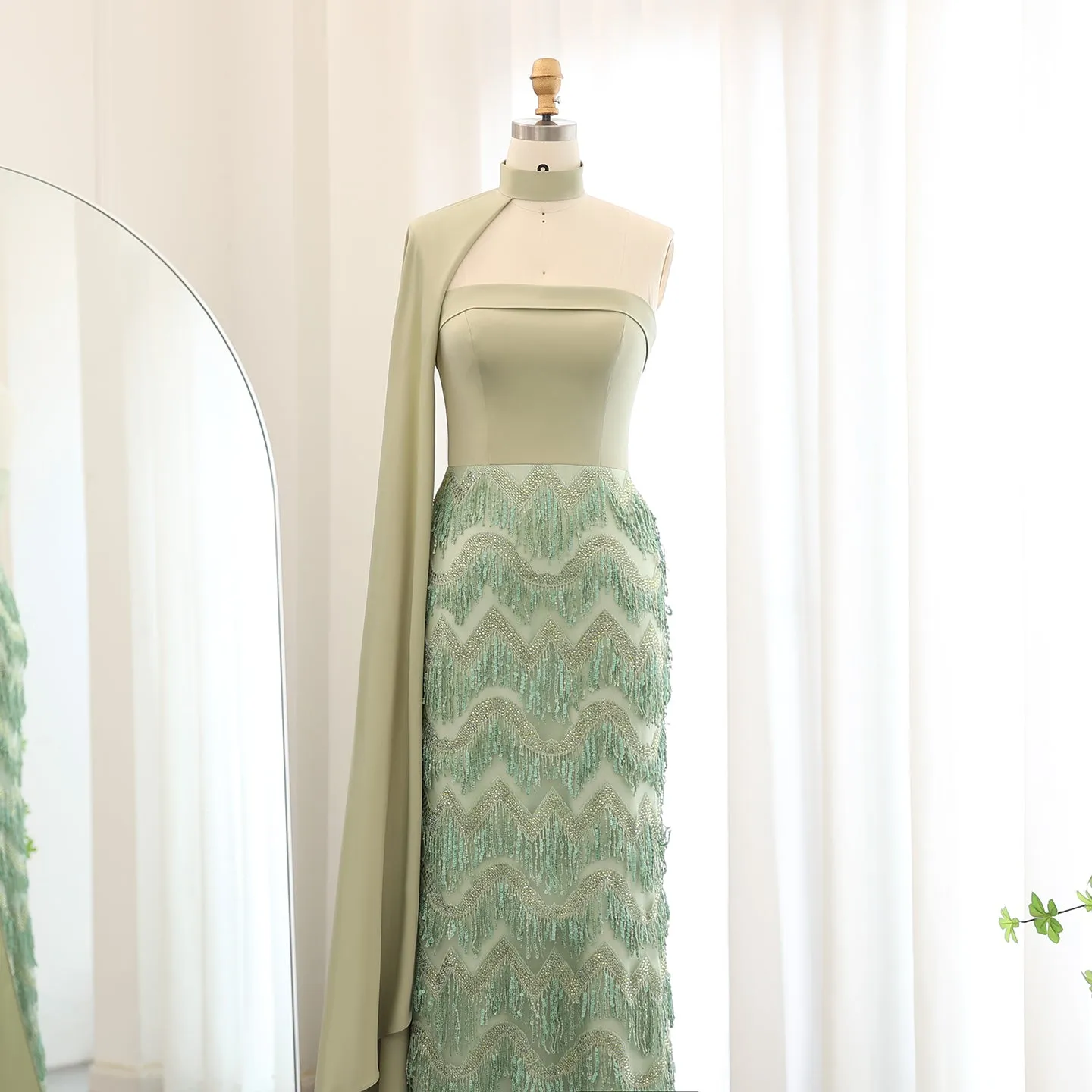 Blue Tassel Strapless Evening Dress with Cape Sleeve SS460