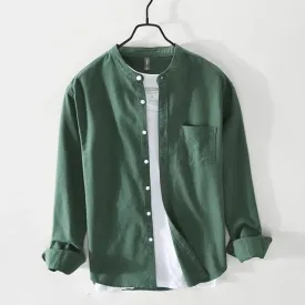Chinese Collar Green Slub Shirt