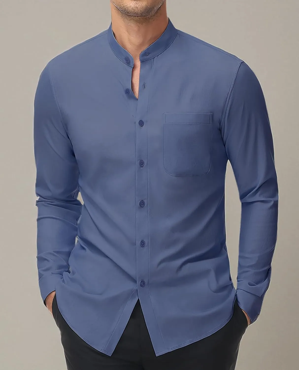 DEMEANOR Band Collar Dress Shirts for Men Stretch Dress Shirts Collarless Button Down Long Sleeve Shirts Muscle Fit