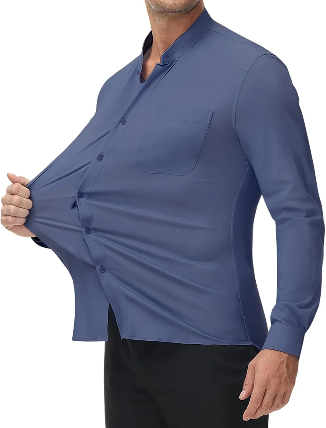 DEMEANOR Band Collar Dress Shirts for Men Stretch Dress Shirts Collarless Button Down Long Sleeve Shirts Muscle Fit