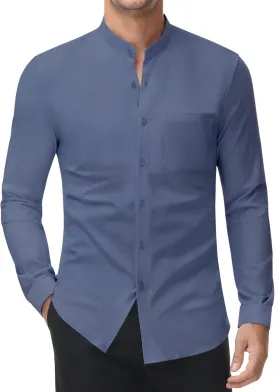 DEMEANOR Band Collar Dress Shirts for Men Stretch Dress Shirts Collarless Button Down Long Sleeve Shirts Muscle Fit