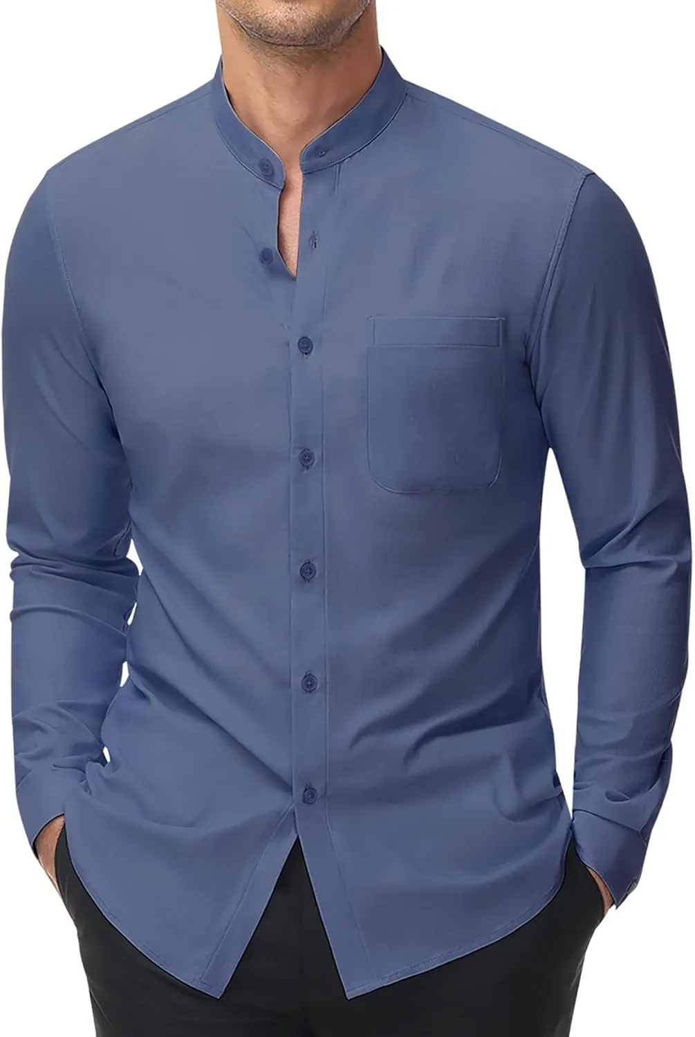 DEMEANOR Band Collar Dress Shirts for Men Stretch Dress Shirts Collarless Button Down Long Sleeve Shirts Muscle Fit