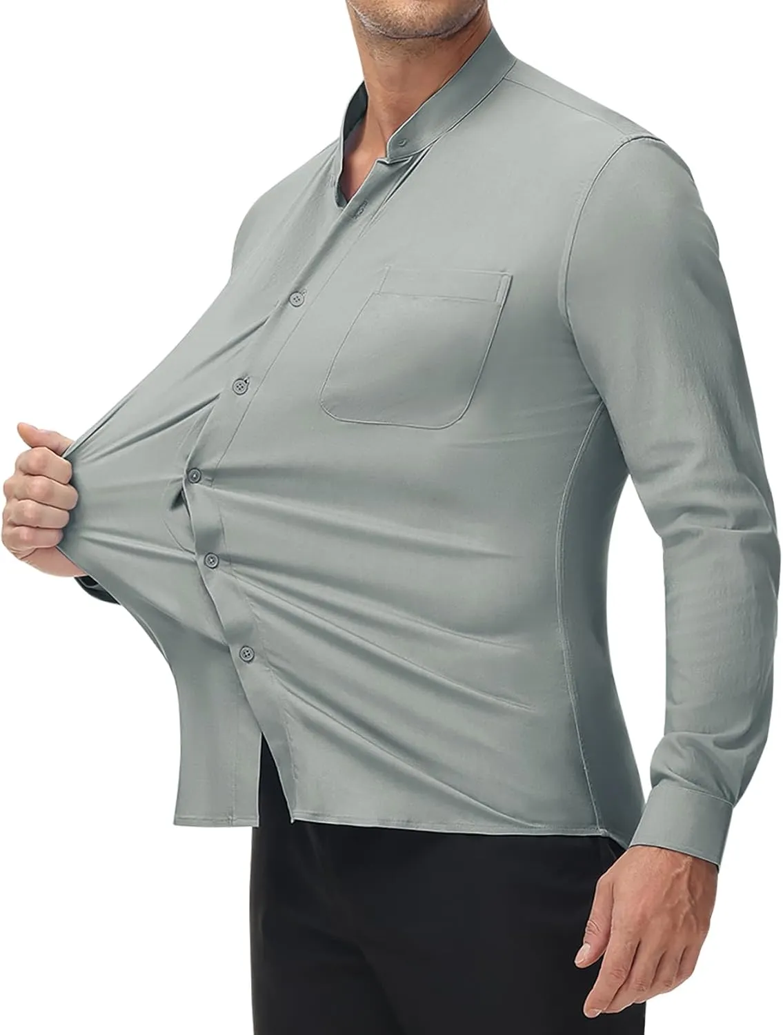 DEMEANOR Band Collar Dress Shirts for Men Stretch Dress Shirts Collarless Button Down Long Sleeve Shirts Muscle Fit