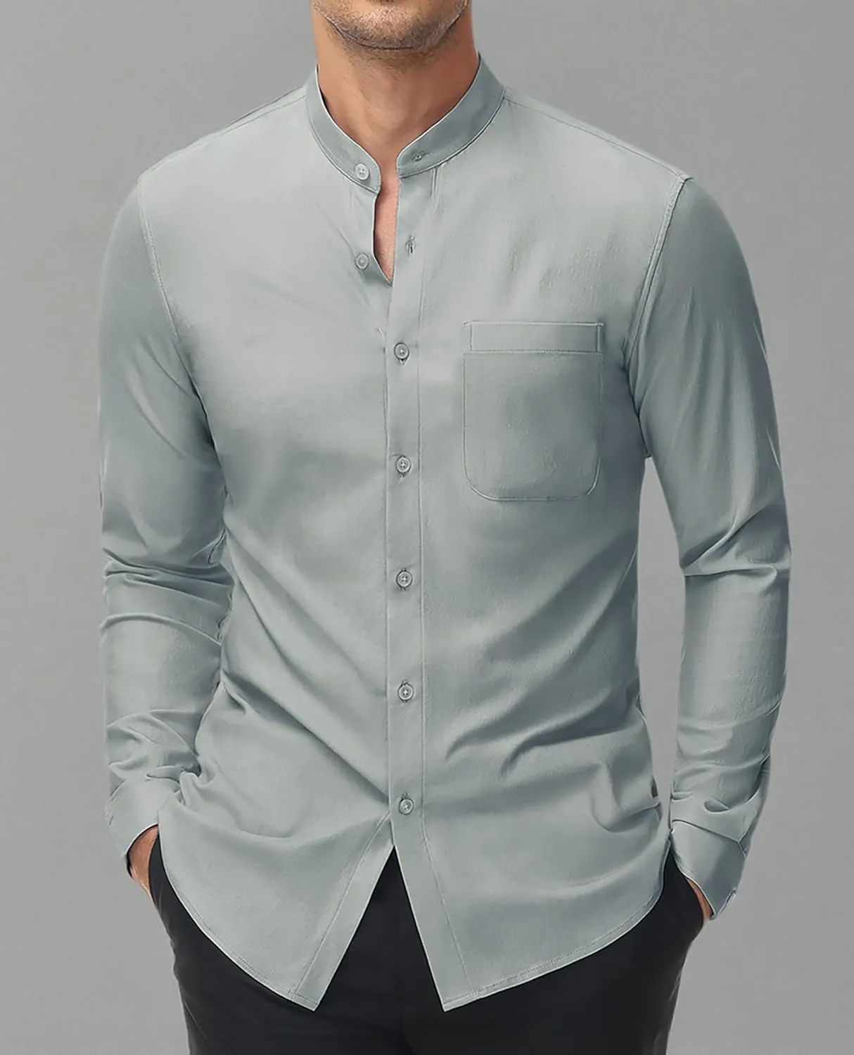 DEMEANOR Band Collar Dress Shirts for Men Stretch Dress Shirts Collarless Button Down Long Sleeve Shirts Muscle Fit
