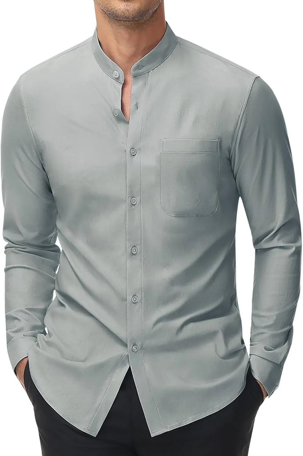 DEMEANOR Band Collar Dress Shirts for Men Stretch Dress Shirts Collarless Button Down Long Sleeve Shirts Muscle Fit