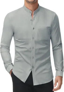 DEMEANOR Band Collar Dress Shirts for Men Stretch Dress Shirts Collarless Button Down Long Sleeve Shirts Muscle Fit