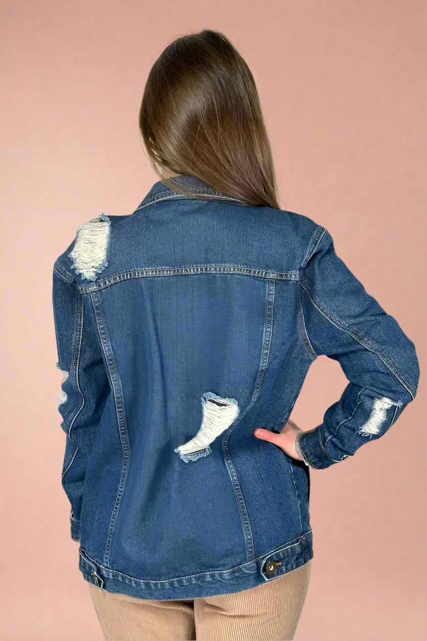 Distressed Boyfriend Jean Jacket - Indigo