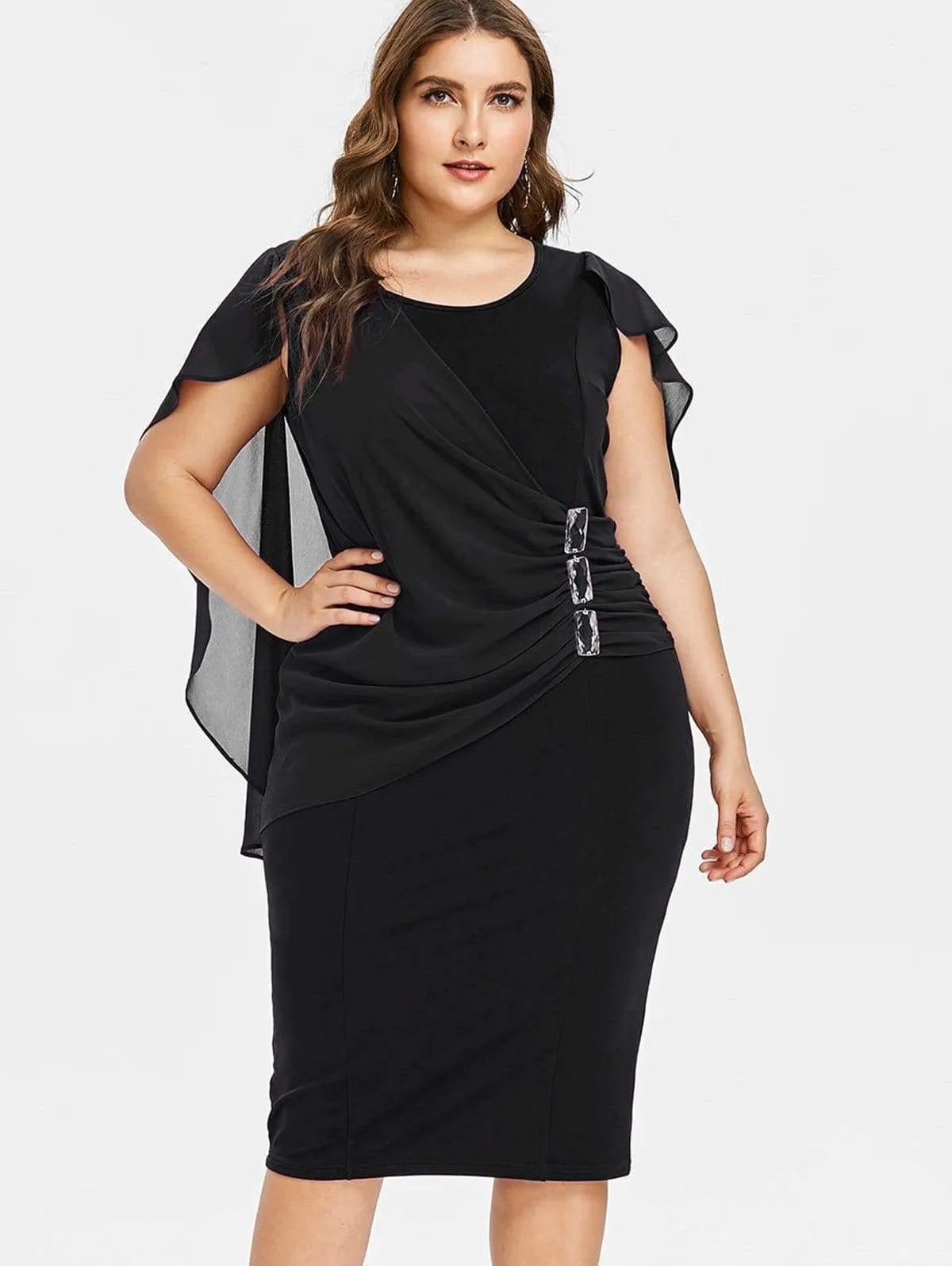 FashionSierra - Rhinestone Ruched Embellished Capelet Dress O-Neck Sleeveless Plus Size