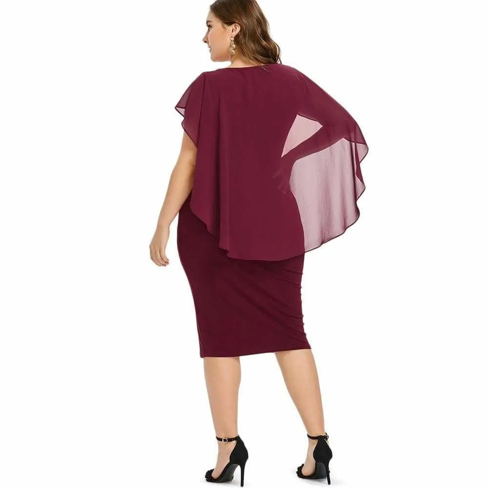 FashionSierra - Rhinestone Ruched Embellished Capelet Dress O-Neck Sleeveless Plus Size