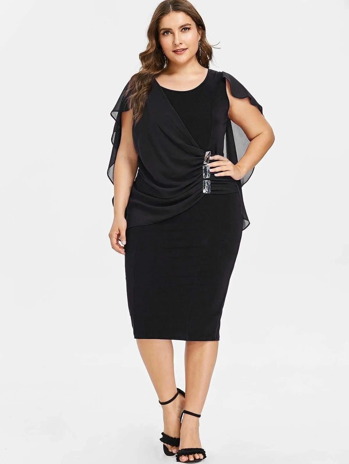 FashionSierra - Rhinestone Ruched Embellished Capelet Dress O-Neck Sleeveless Plus Size