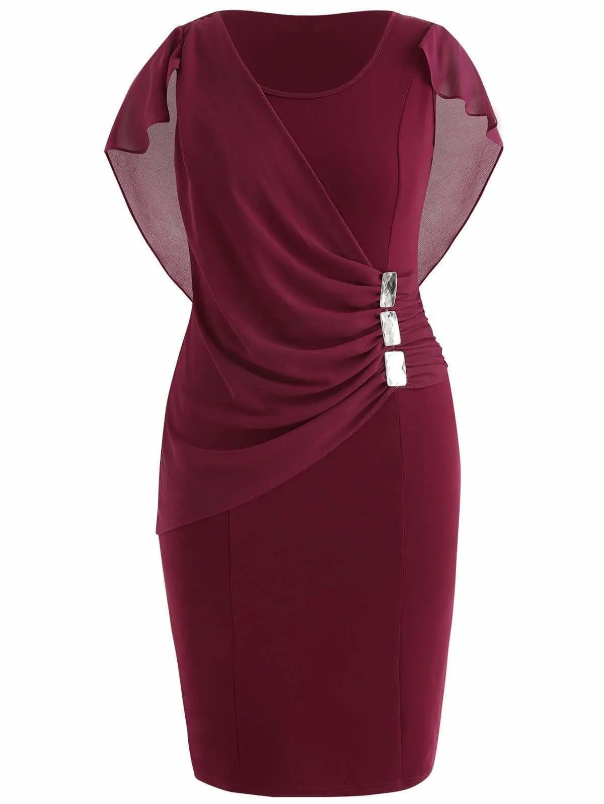 FashionSierra - Rhinestone Ruched Embellished Capelet Dress O-Neck Sleeveless Plus Size