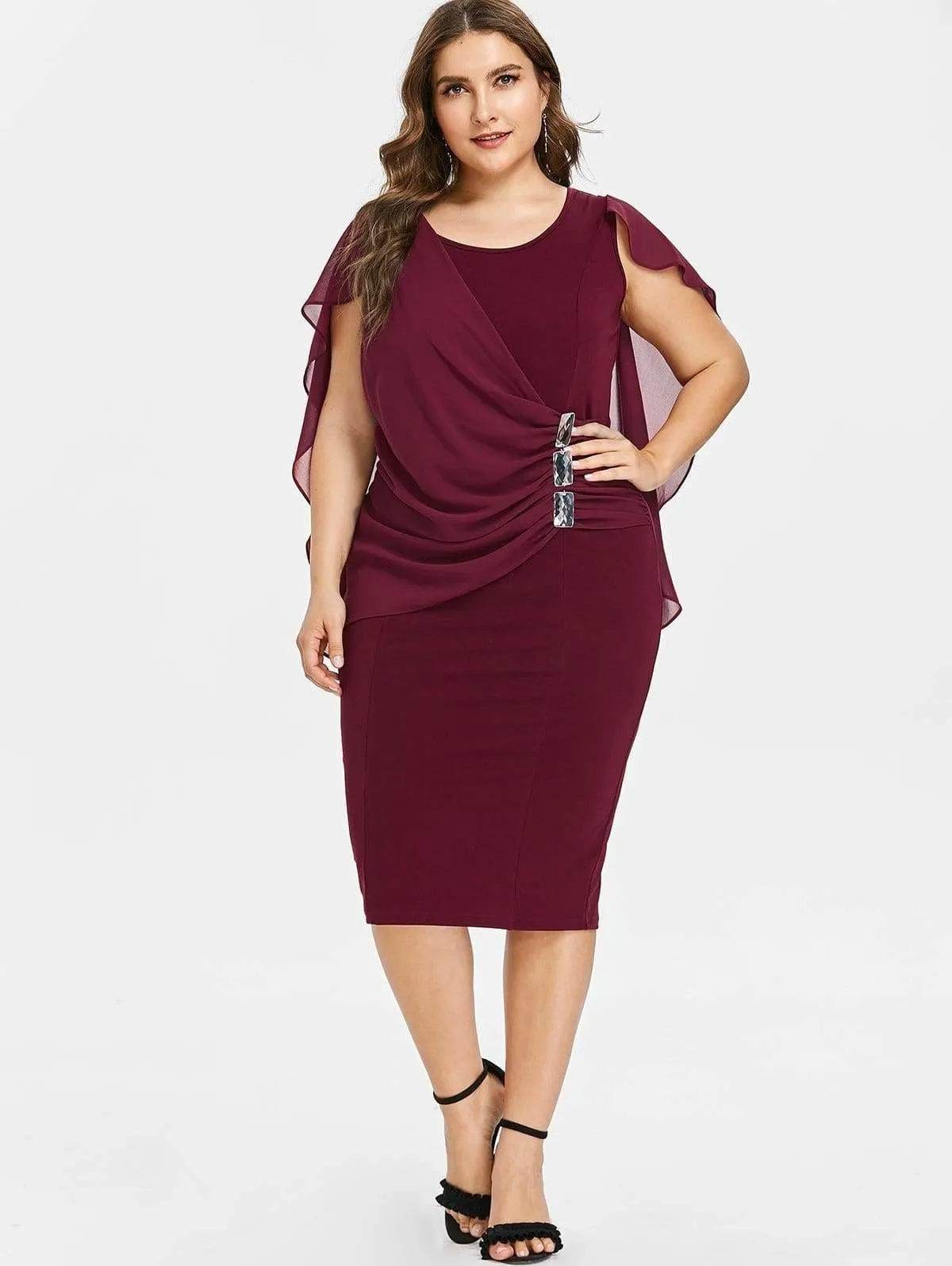 FashionSierra - Rhinestone Ruched Embellished Capelet Dress O-Neck Sleeveless Plus Size
