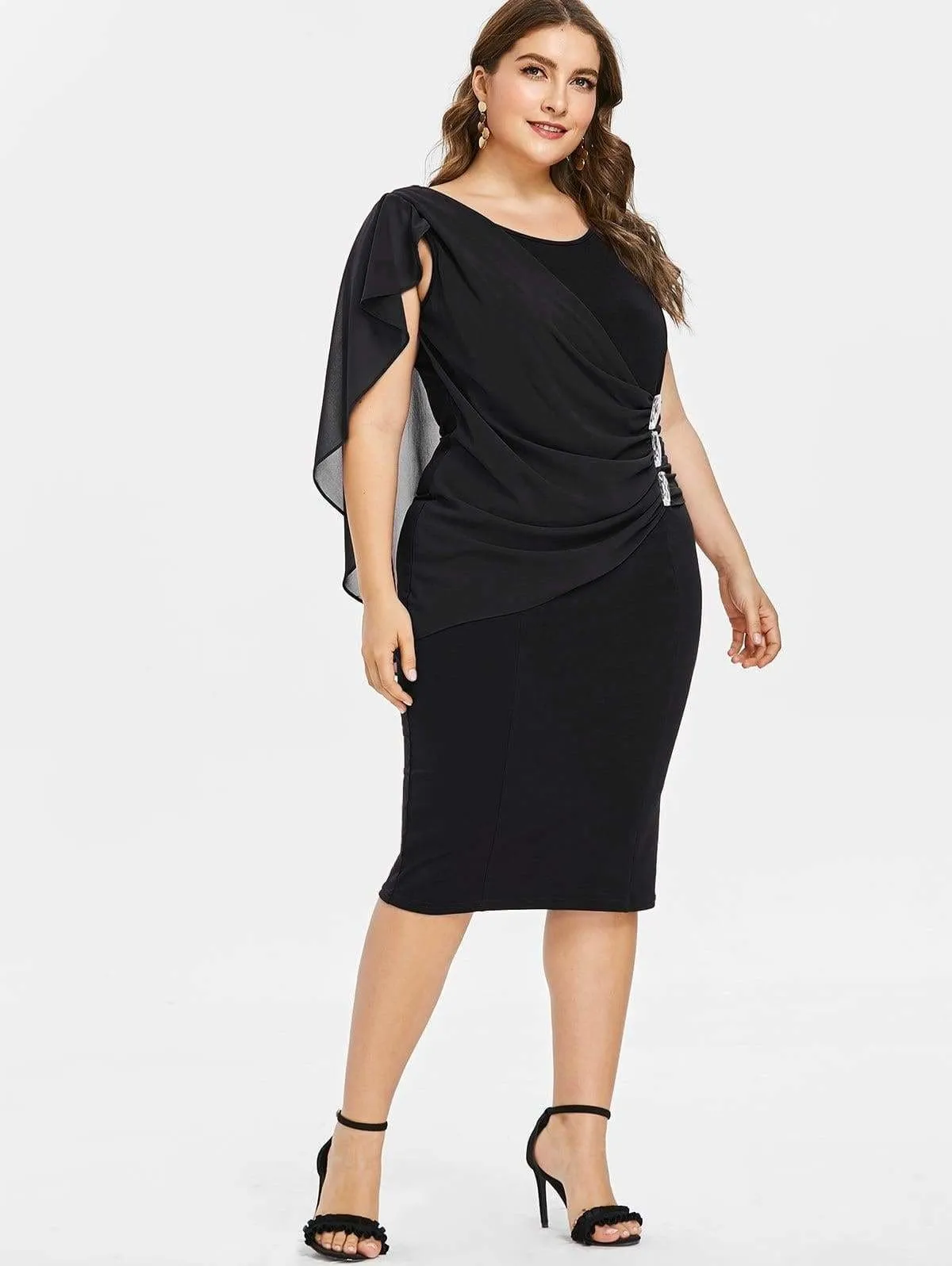 FashionSierra - Rhinestone Ruched Embellished Capelet Dress O-Neck Sleeveless Plus Size