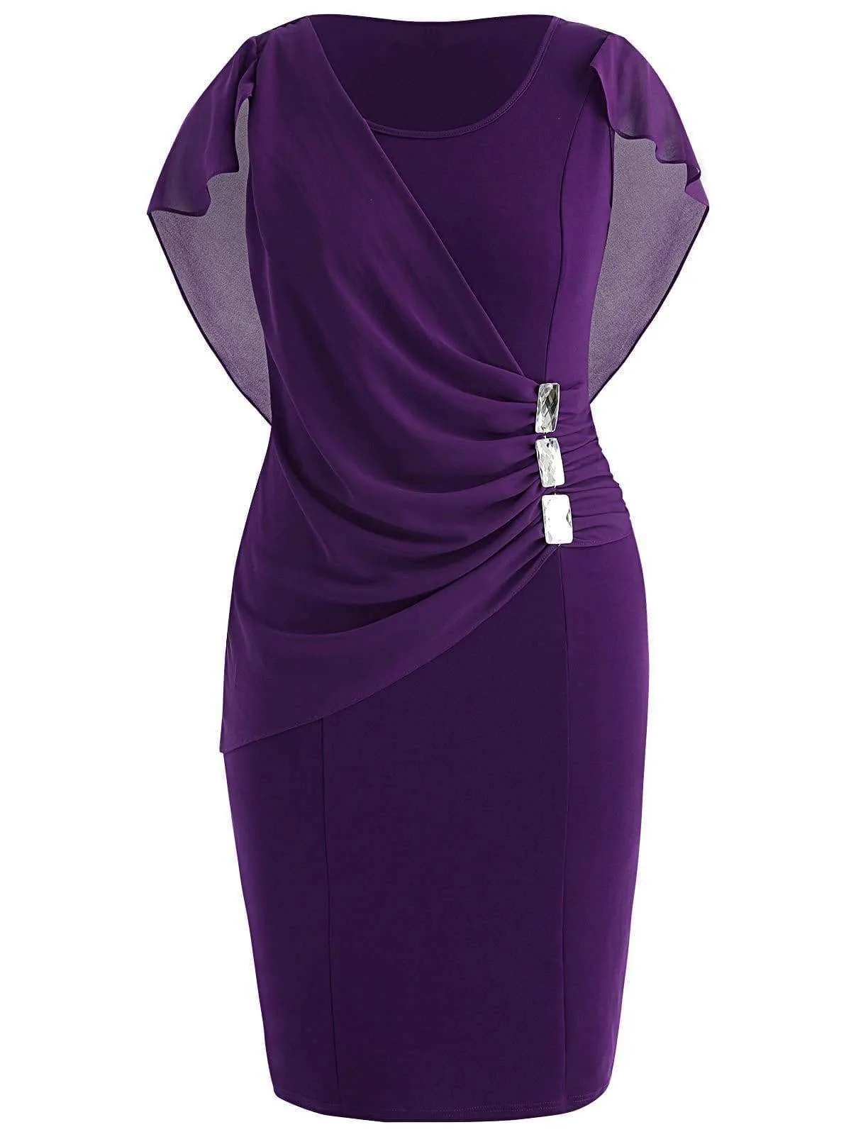 FashionSierra - Rhinestone Ruched Embellished Capelet Dress O-Neck Sleeveless Plus Size