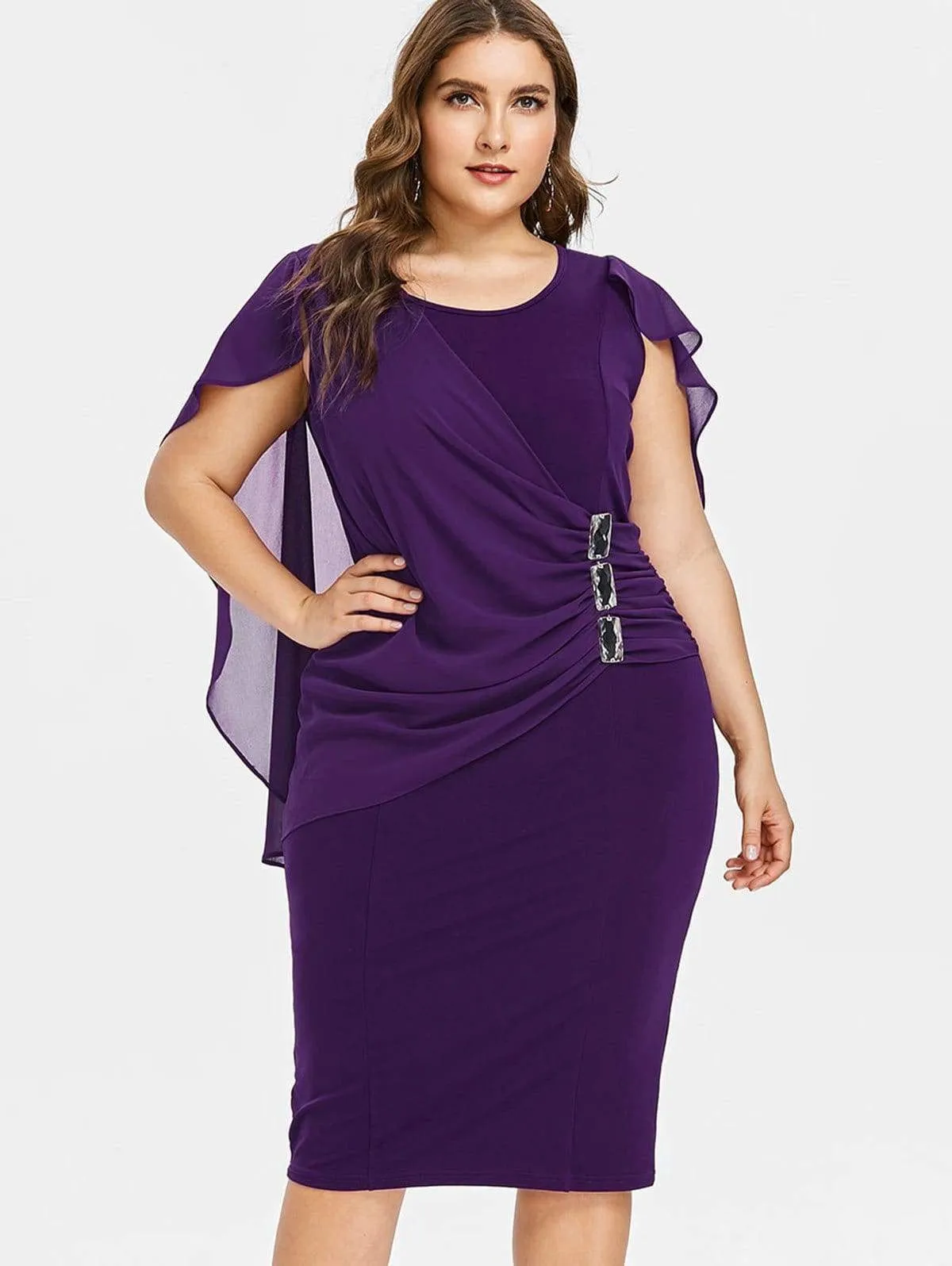 FashionSierra - Rhinestone Ruched Embellished Capelet Dress O-Neck Sleeveless Plus Size