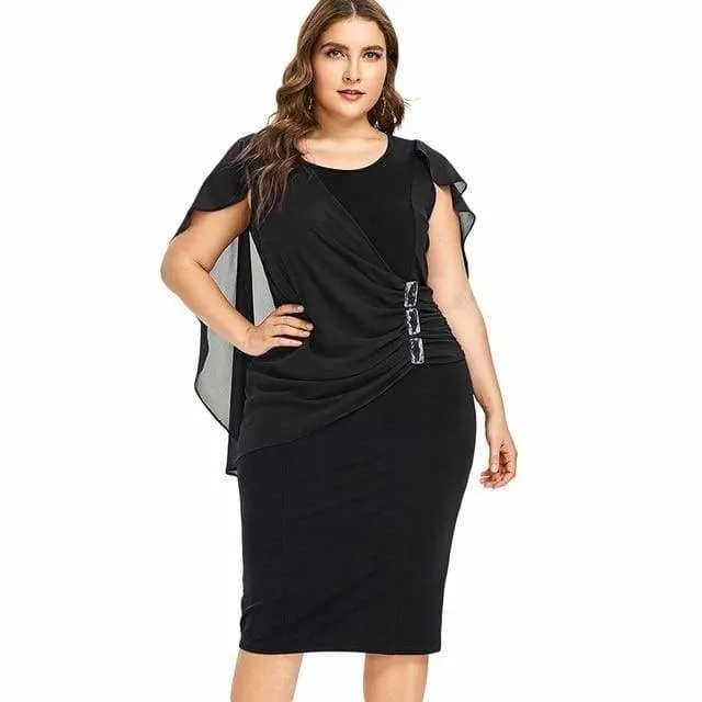 FashionSierra - Rhinestone Ruched Embellished Capelet Dress O-Neck Sleeveless Plus Size