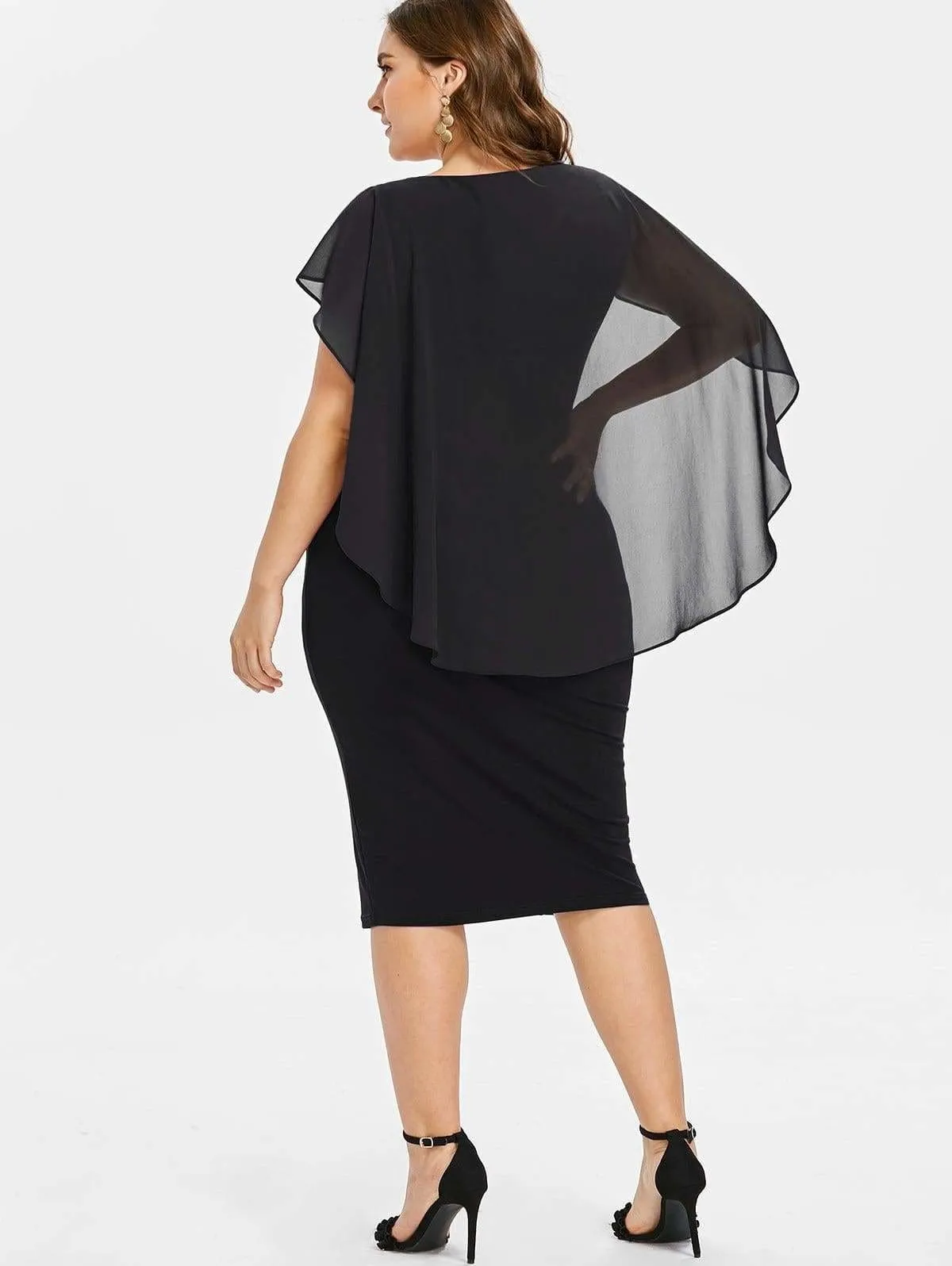 FashionSierra - Rhinestone Ruched Embellished Capelet Dress O-Neck Sleeveless Plus Size