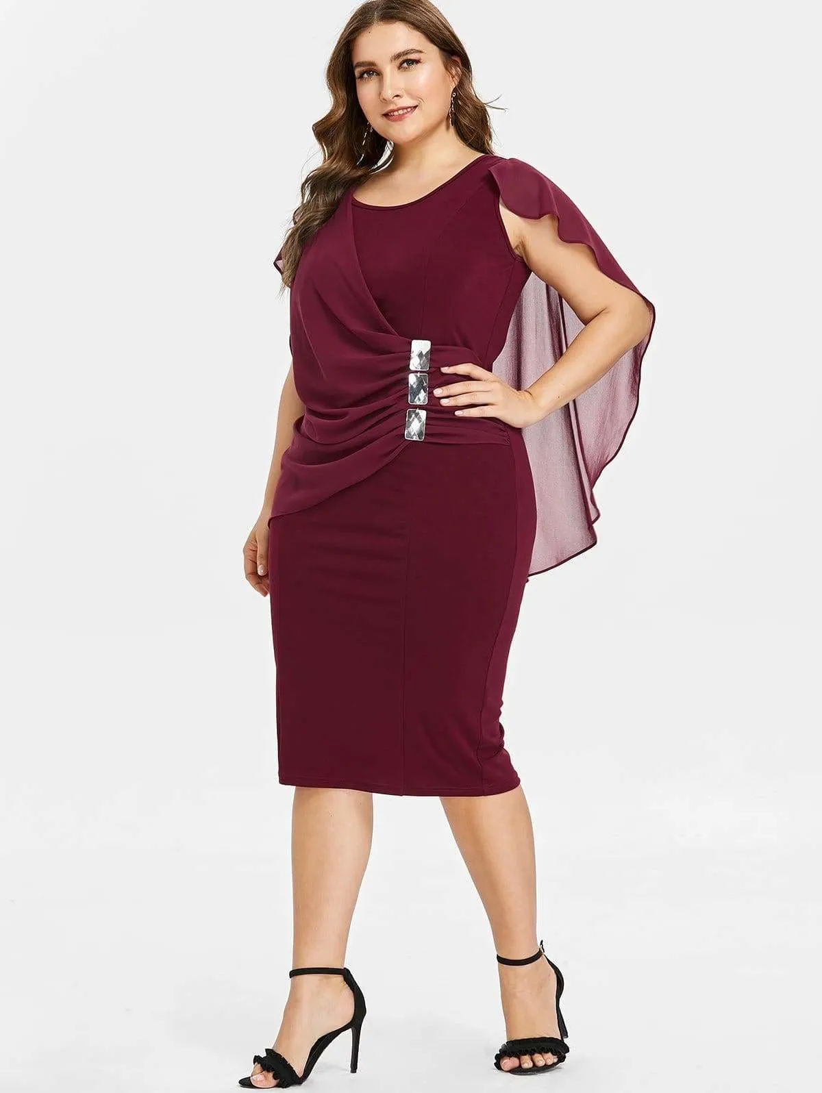 FashionSierra - Rhinestone Ruched Embellished Capelet Dress O-Neck Sleeveless Plus Size