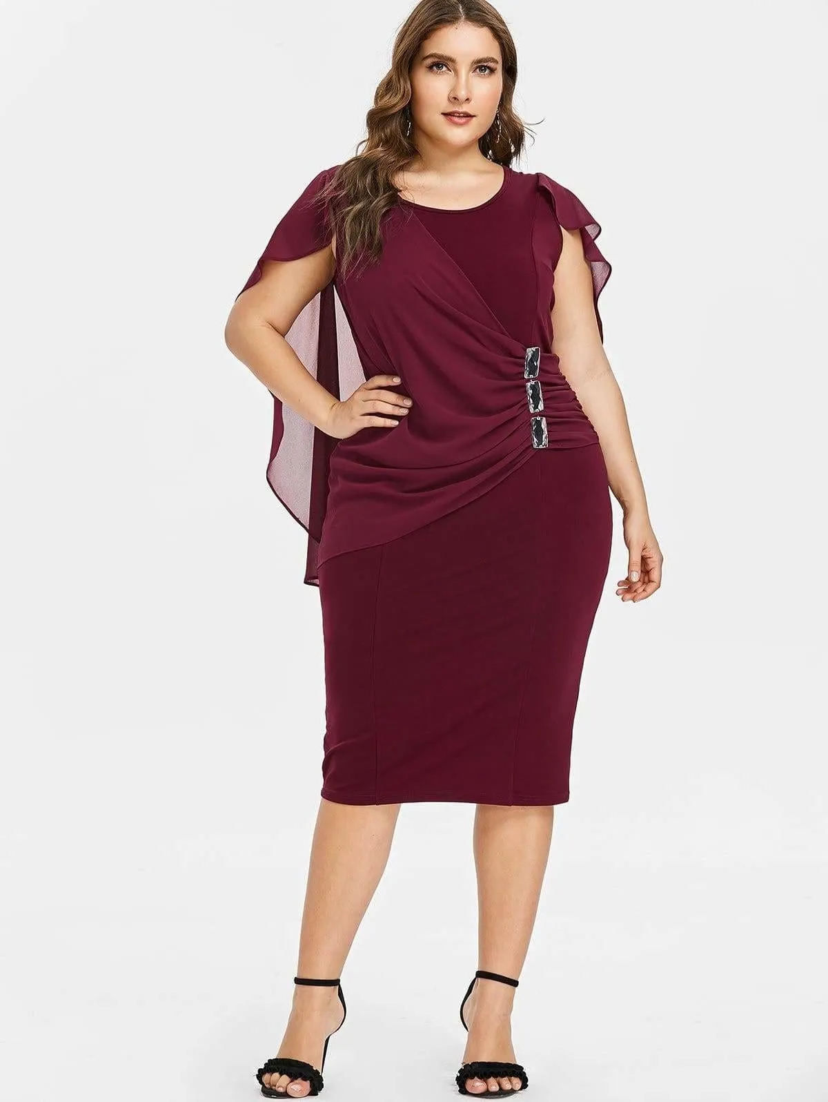 FashionSierra - Rhinestone Ruched Embellished Capelet Dress O-Neck Sleeveless Plus Size