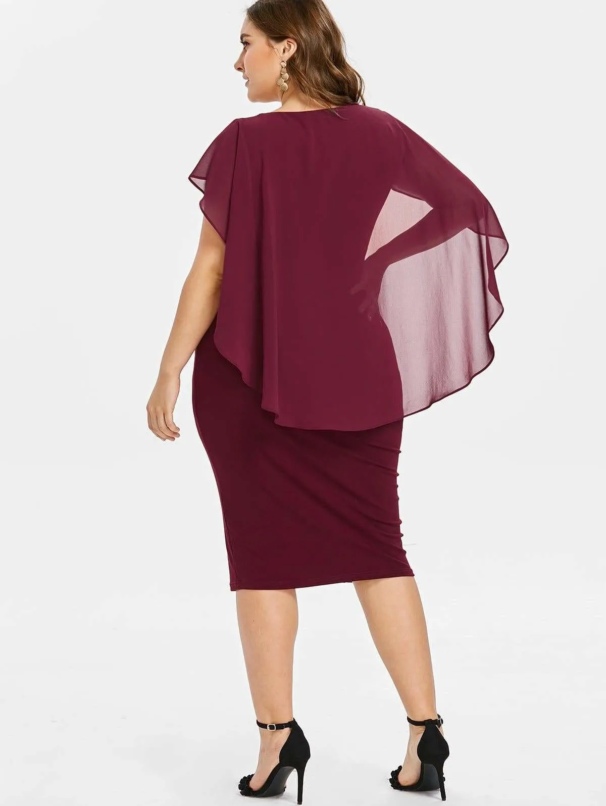 FashionSierra - Rhinestone Ruched Embellished Capelet Dress O-Neck Sleeveless Plus Size