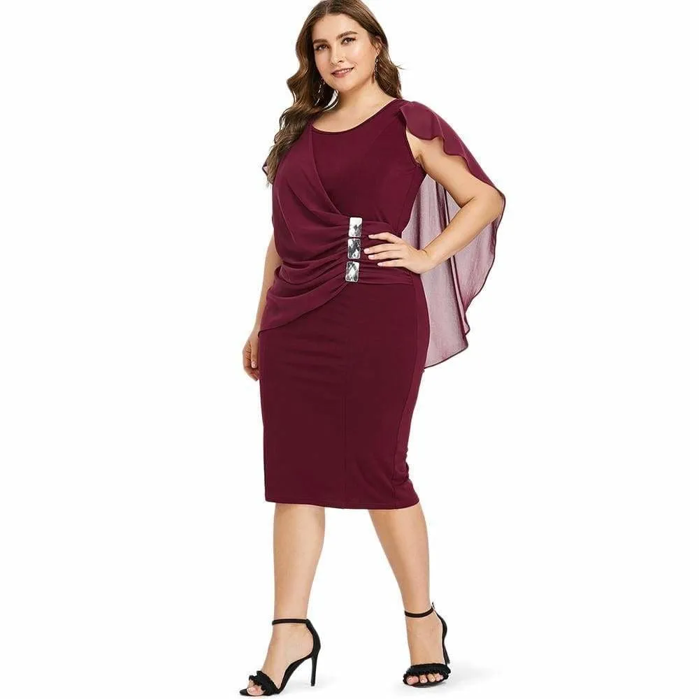 FashionSierra - Rhinestone Ruched Embellished Capelet Dress O-Neck Sleeveless Plus Size