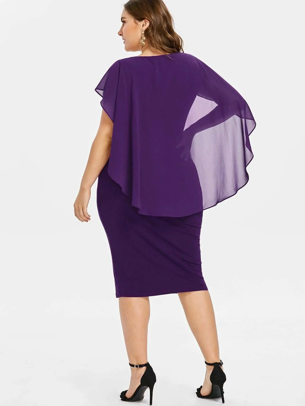 FashionSierra - Rhinestone Ruched Embellished Capelet Dress O-Neck Sleeveless Plus Size
