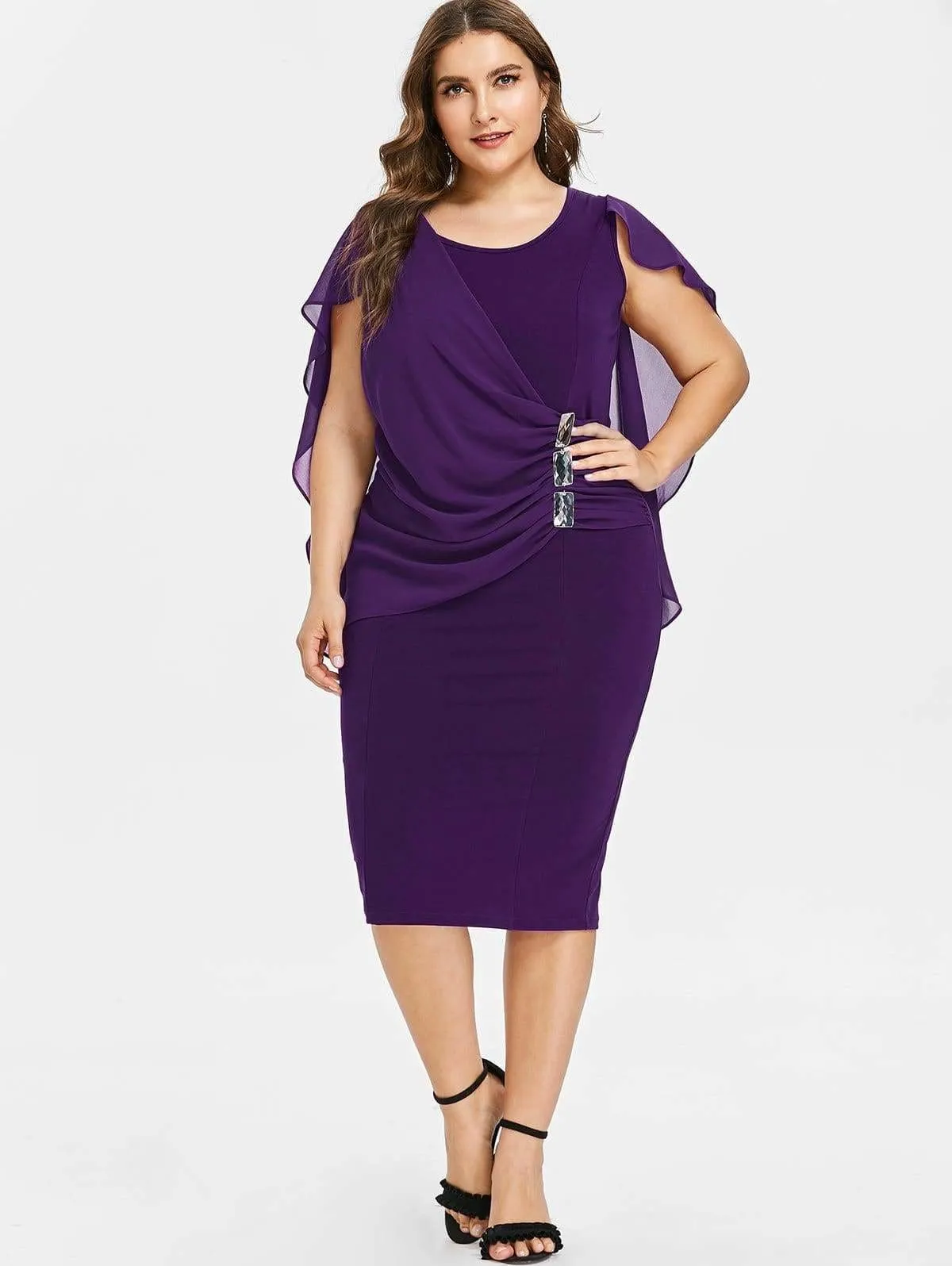 FashionSierra - Rhinestone Ruched Embellished Capelet Dress O-Neck Sleeveless Plus Size