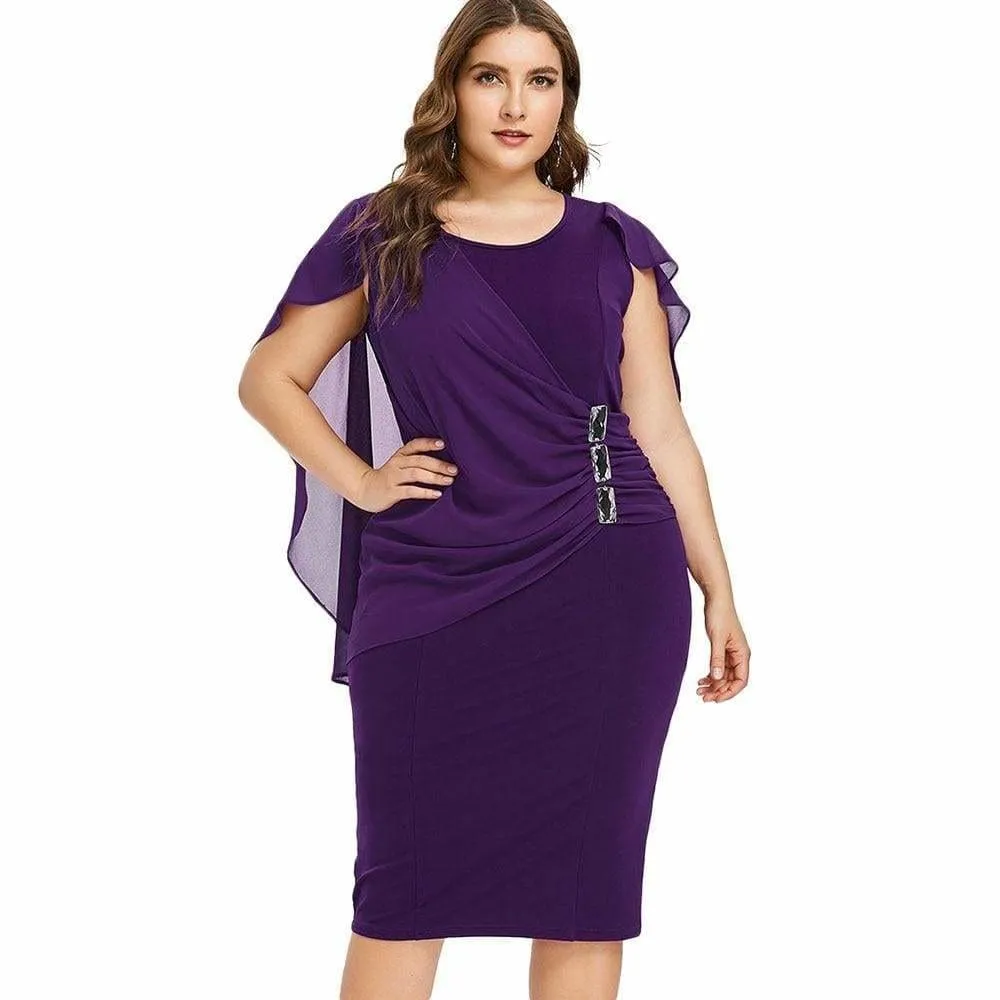 FashionSierra - Rhinestone Ruched Embellished Capelet Dress O-Neck Sleeveless Plus Size