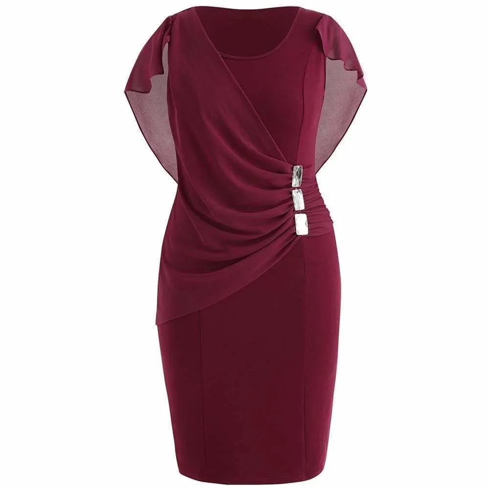 FashionSierra - Rhinestone Ruched Embellished Capelet Dress O-Neck Sleeveless Plus Size