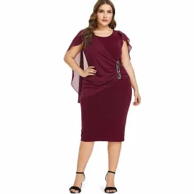 FashionSierra - Rhinestone Ruched Embellished Capelet Dress O-Neck Sleeveless Plus Size